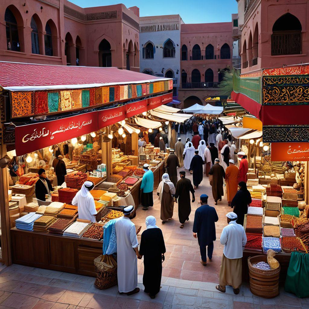 A bustling marketplace with Arab American merchants showcasing vibrant goods, with a blend of traditional and modern architecture in the background. Diverse customers engaging in friendly conversations, highlighting collaboration and success. Incorporate elements of commerce such as currency notes and shopping bags scattered around. Bright and warm colors to evoke a sense of community and prosperity. super-realistic. vibrant colors. 3D.