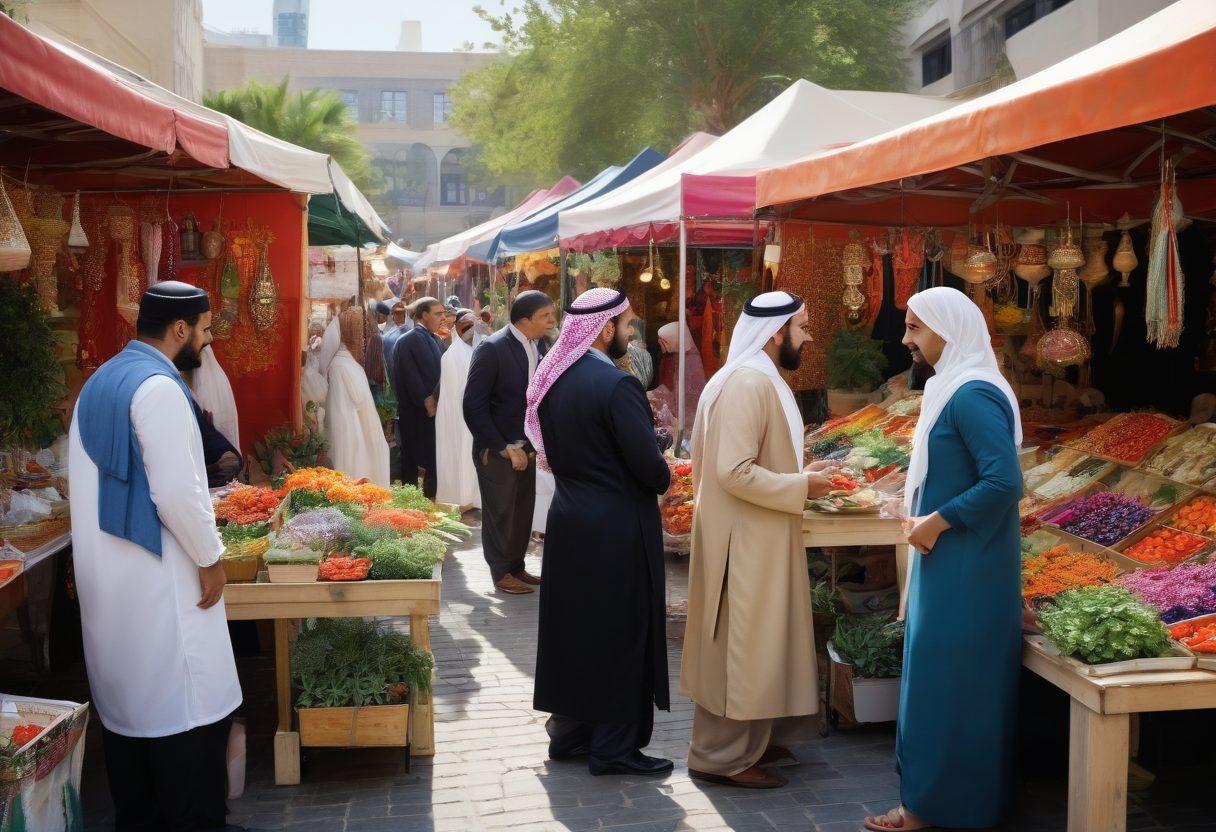 A bustling marketplace scene showcasing diverse Arab American entrepreneurs engaged in vibrant discussions, surrounded by colorful stalls displaying innovative products. Capture the essence of multiculturalism with elements like traditional Arab attire blended with modern business wear. Include subtle symbols of success, such as upward arrows and blooming plants, to symbolize growth and prosperity. Highlight warm, inviting colors to evoke a sense of community and ambition. super-realistic. vibrant colors. dynamic composition.