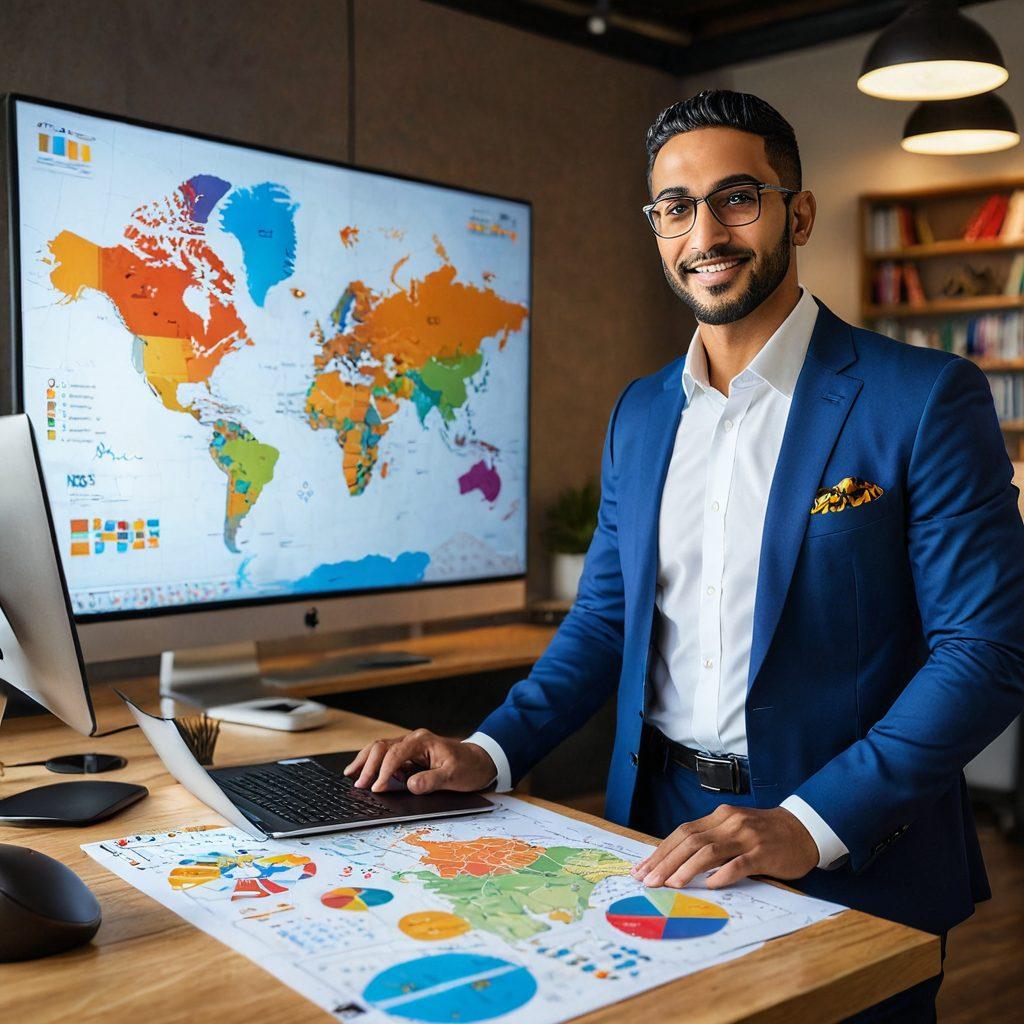 A thriving Arab American entrepreneur standing confidently in a modern office, surrounded by symbols of success like charts, a laptop, and networking devices. The backdrop features a diverse team brainstorming ideas, with maps and cultural artifacts highlighting the richness of their heritage. Bright sunlight illuminates the scene, reflecting optimism and potential. vibrant colors. super-realistic.